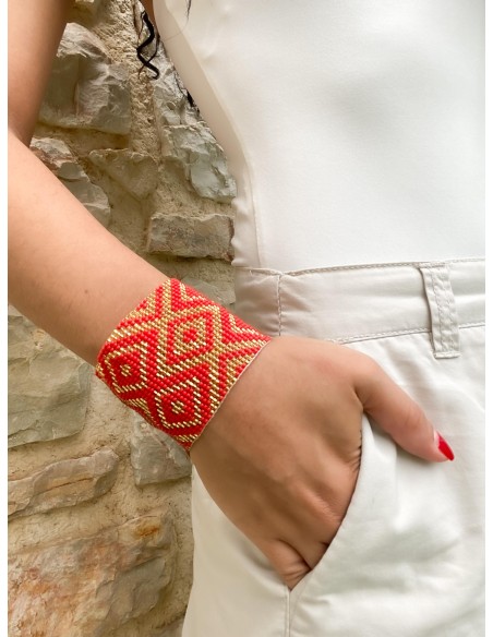 Bracelet large manchette, or clair, rouge