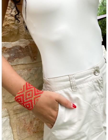 Bracelet large manchette, or clair, rouge