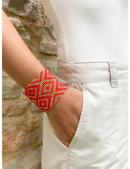 Bracelet large manchette, or clair, rouge