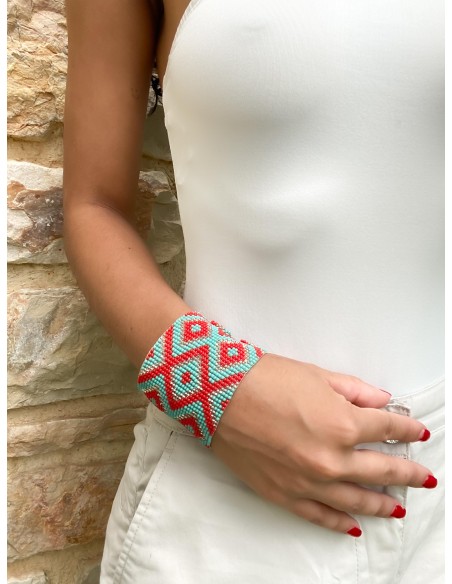 Bracelet Manchette turquoise, rouge, argent