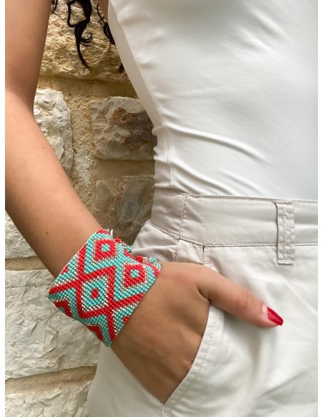 Bracelet Manchette turquoise, rouge, argent
